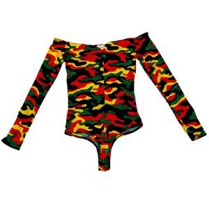 Green Red Yellow Camo Bodysuit Off The Shoulder Button Up Small